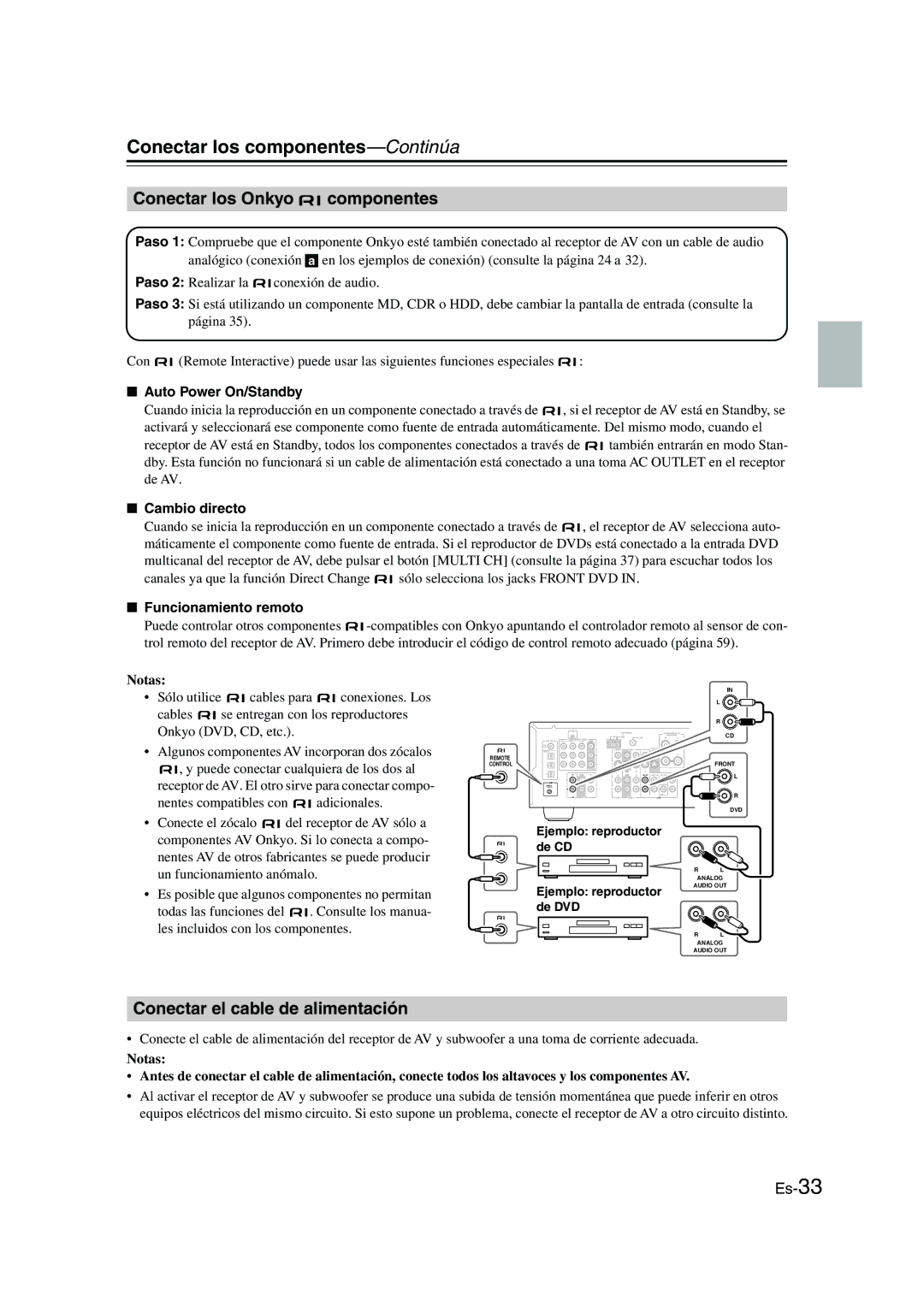 Panasonic HT-S790 Conectar los Onkyo componentes, Conectar el cable de alimentación, Auto Power On/Standby, Cambio directo 