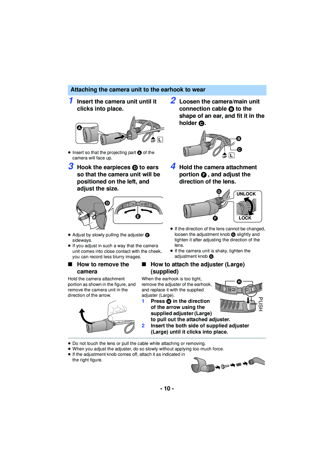 Panasonic HX-A100 owner manual How to remove Camera, How to attach the adjuster Large Supplied,  Unlock 