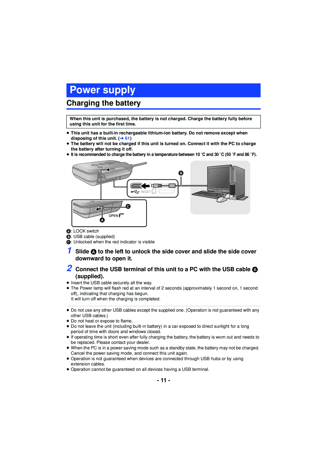 Panasonic HX-A100 owner manual Power supply, Charging the battery 