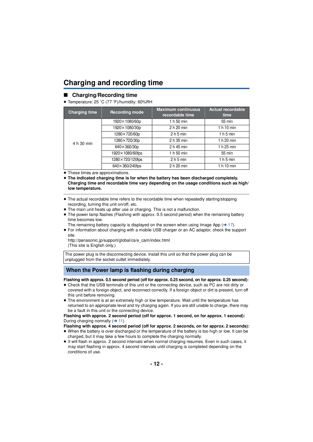 Panasonic HX-A100 Charging and recording time, Charging/Recording time, When the Power lamp is flashing during charging 