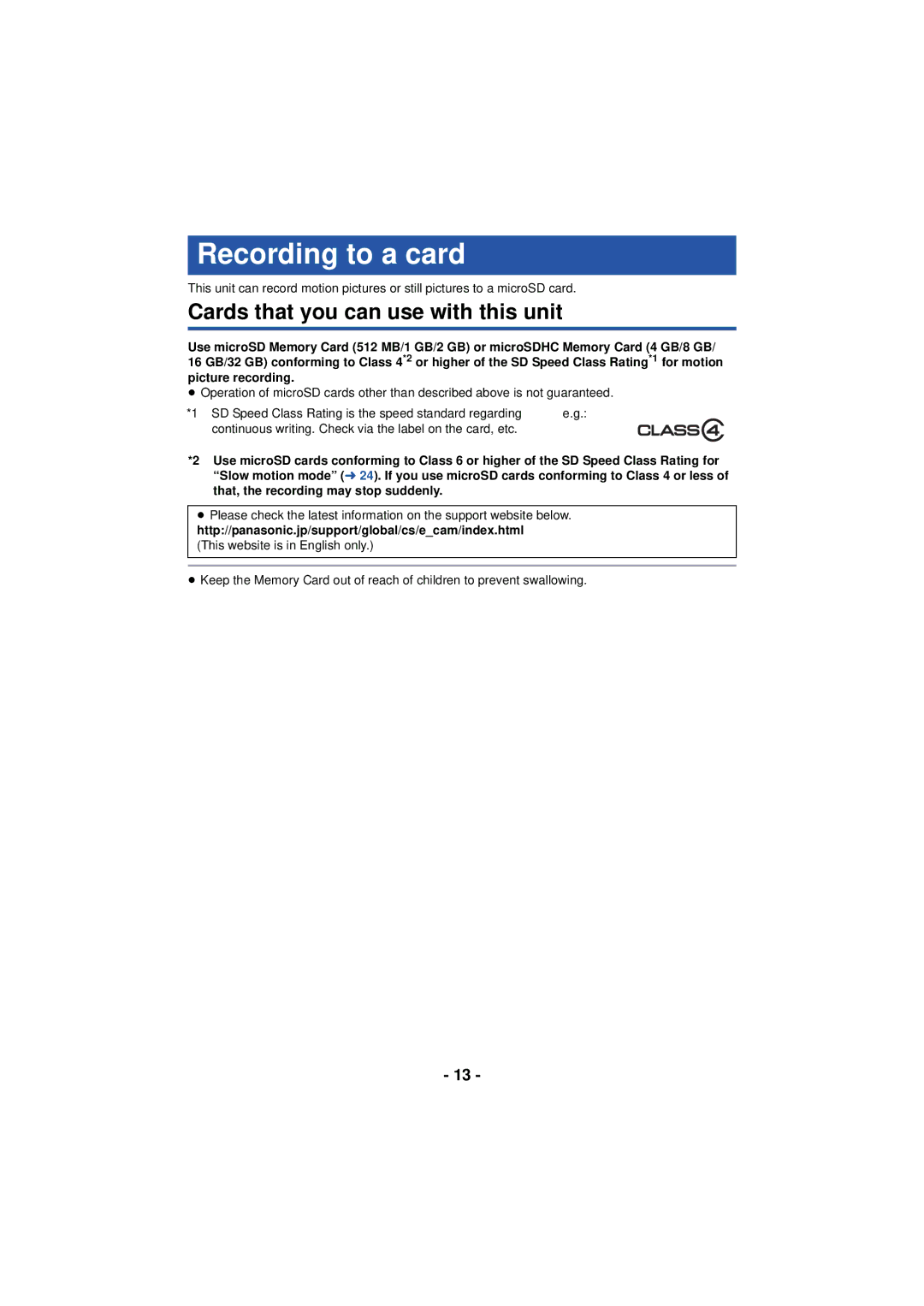 Panasonic HX-A100 owner manual Recording to a card, Cards that you can use with this unit 