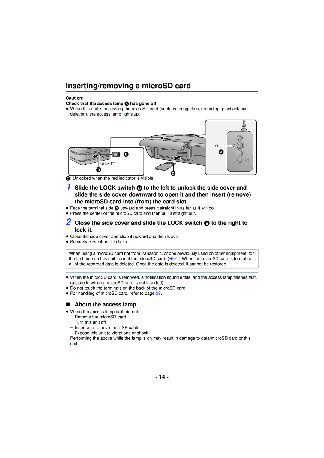 Panasonic HX-A100 Inserting/removing a microSD card, About the access lamp, Check that the access lamp a has gone off 