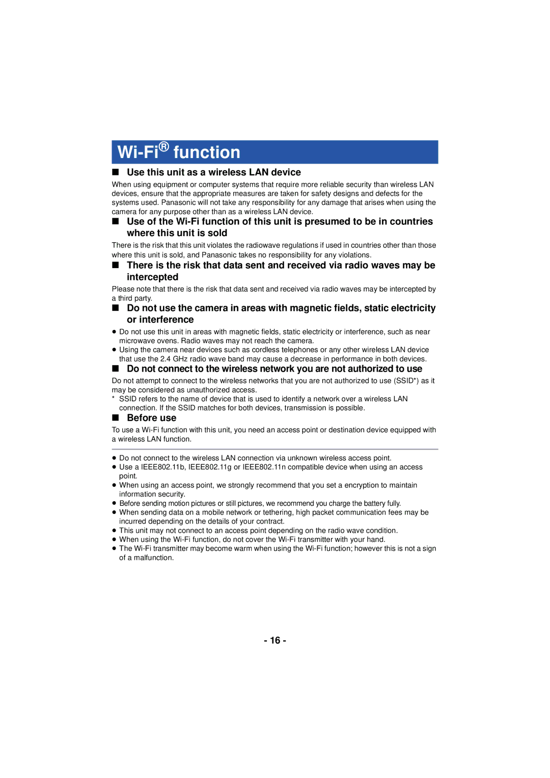 Panasonic HX-A100 owner manual Wi-Fifunction, Use this unit as a wireless LAN device, Before use 