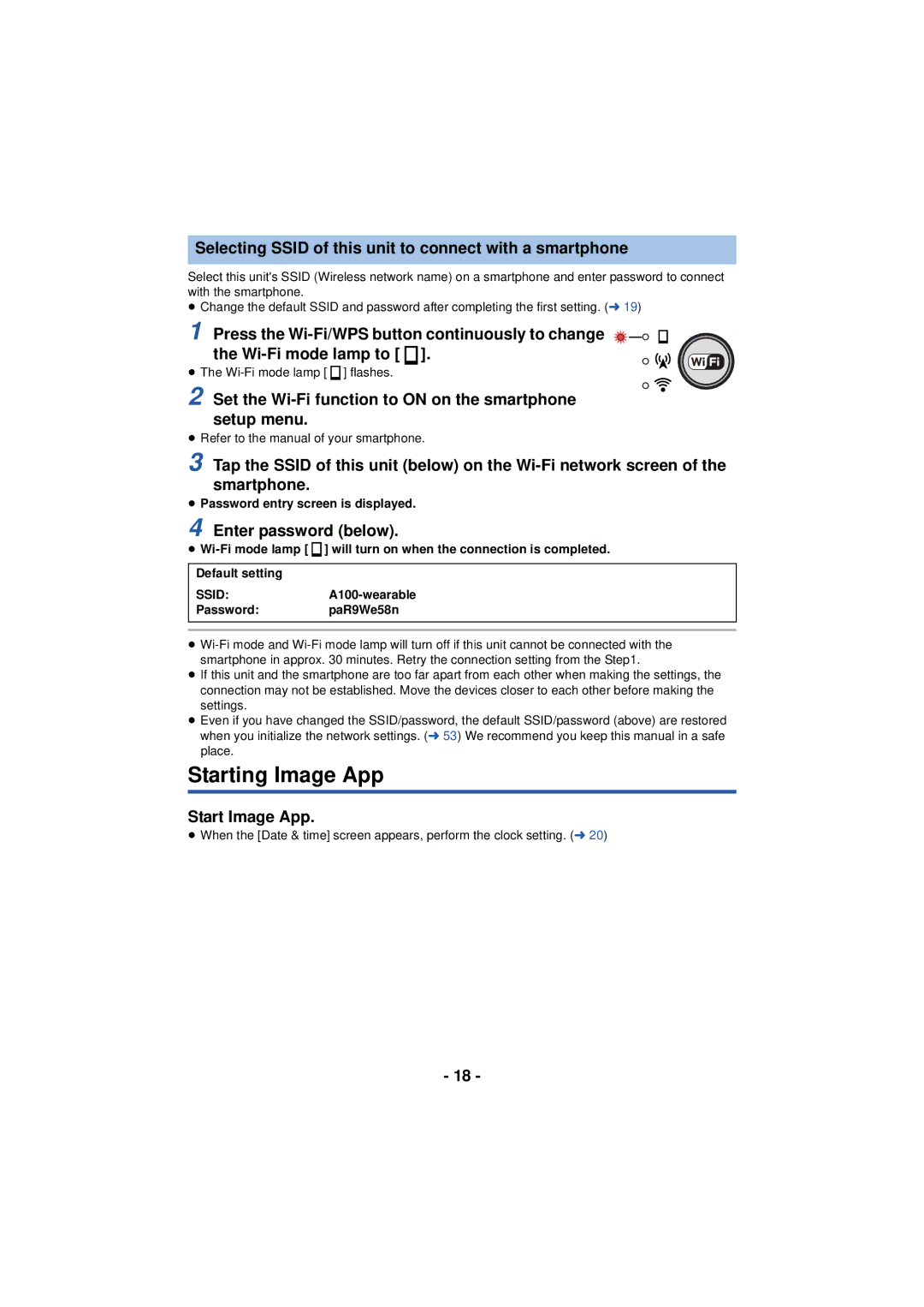 Panasonic HX-A100 Starting Image App, Selecting Ssid of this unit to connect with a smartphone, Enter password below 