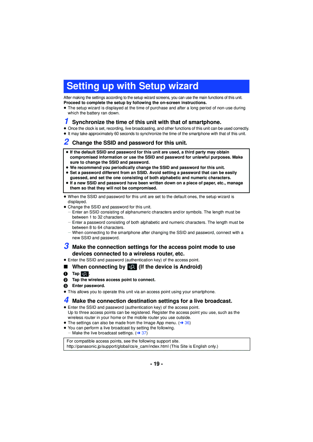 Panasonic HX-A100 owner manual Setting up with Setup wizard, Synchronize the time of this unit with that of smartphone 