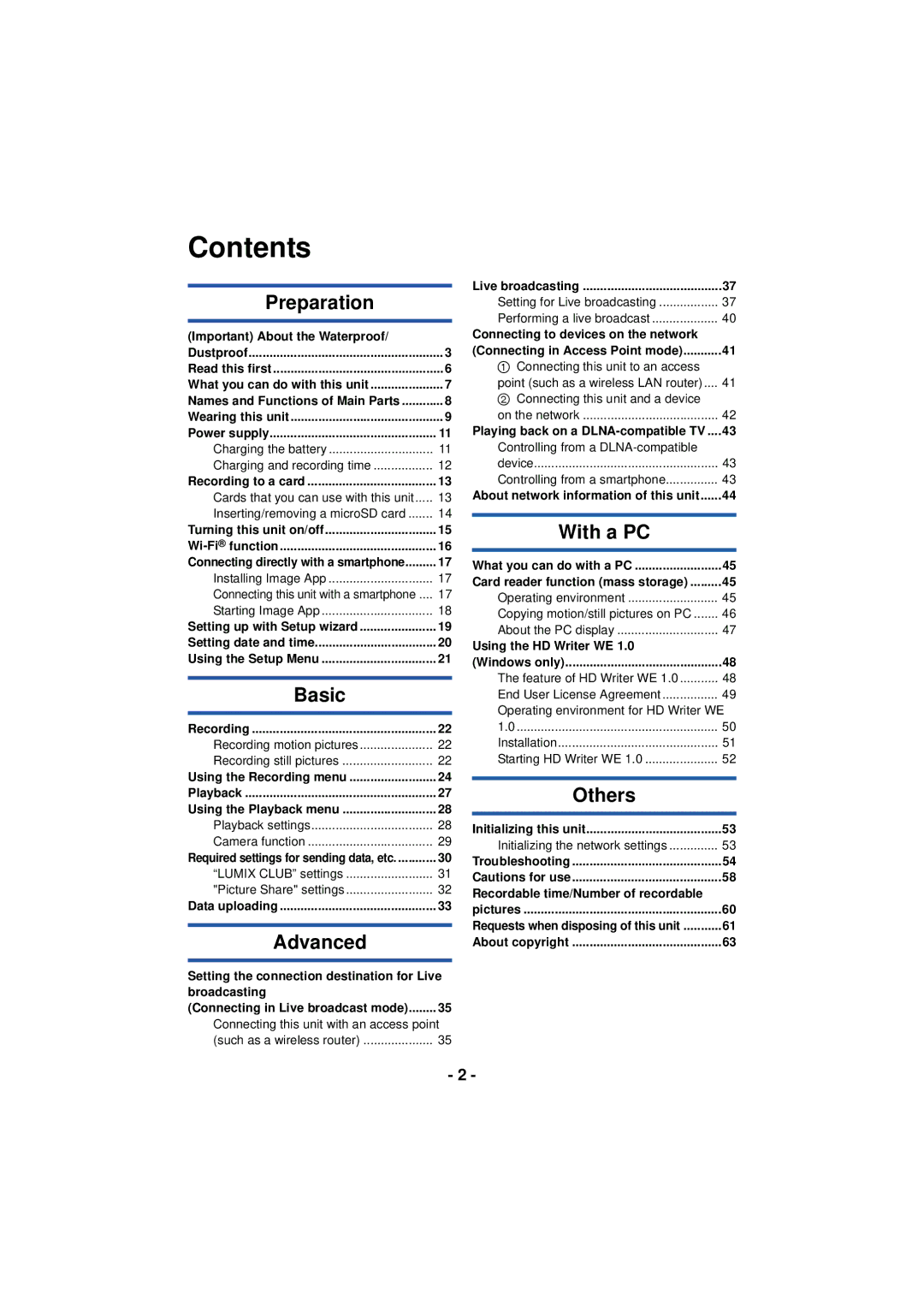 Panasonic HX-A100 owner manual Contents 