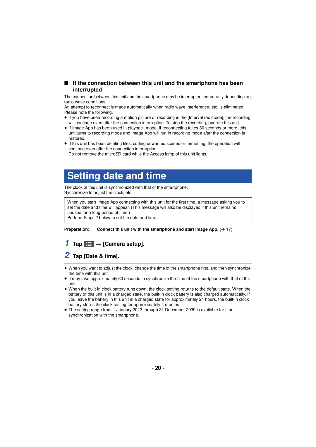 Panasonic HX-A100 owner manual Setting date and time, Tap # Camera setup Tap Date & time, Preparation 