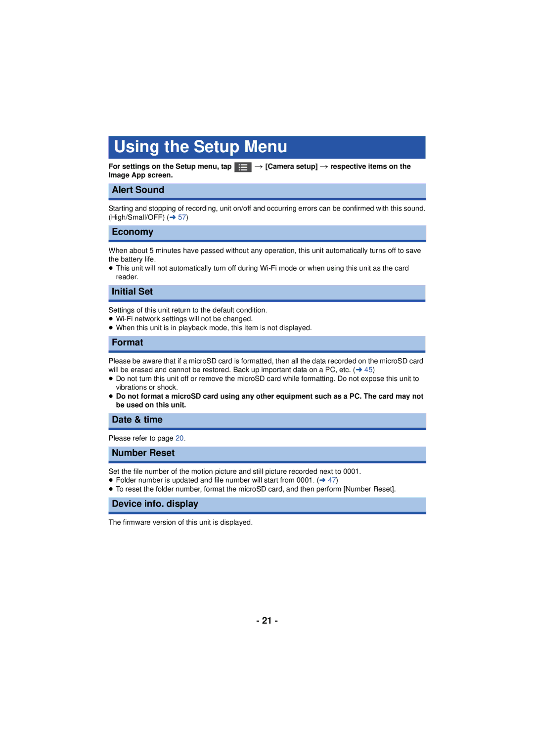 Panasonic HX-A100 owner manual Using the Setup Menu 