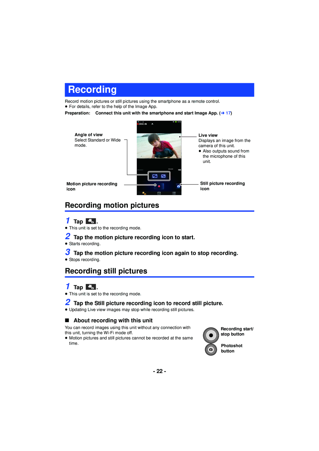 Panasonic HX-A100 owner manual Recording motion pictures, Recording still pictures 