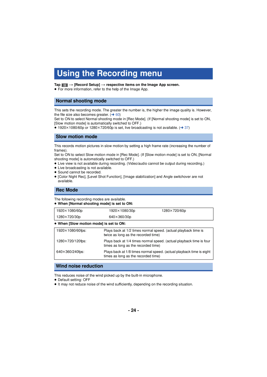 Panasonic HX-A100 Using the Recording menu, Normal shooting mode, Slow motion mode, Rec Mode, Wind noise reduction 