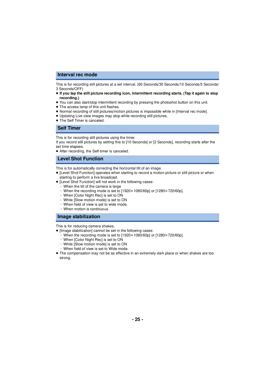 Panasonic HX-A100 owner manual Interval rec mode, Self Timer, Level Shot Function, Image stabilization 