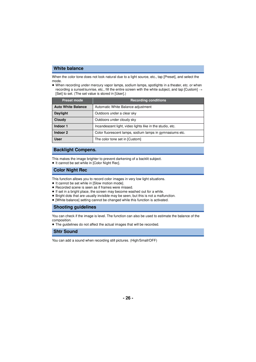 Panasonic HX-A100 owner manual White balance, Backlight Compens, Color Night Rec, Shooting guidelines, Shtr Sound 