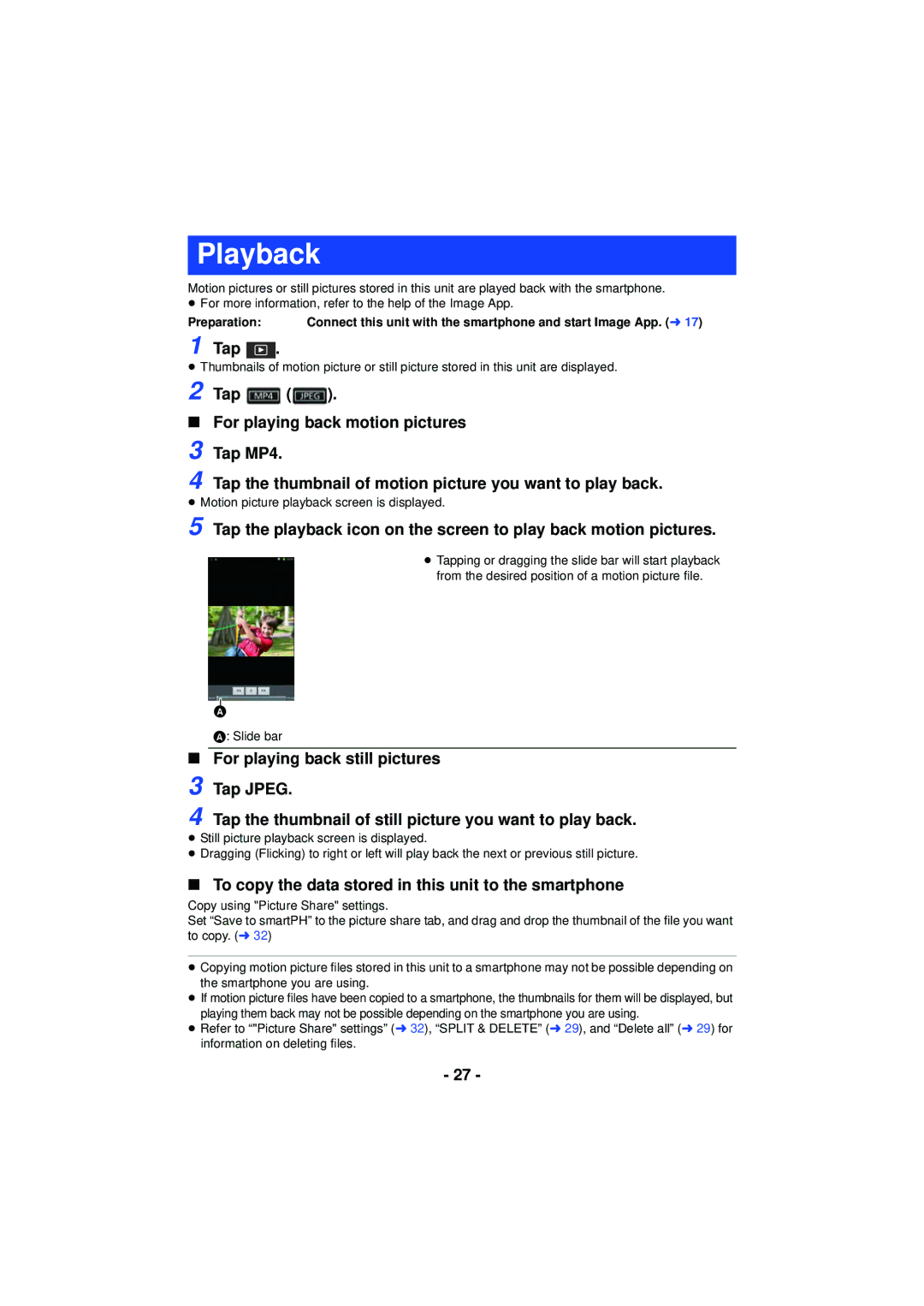 Panasonic HX-A100 owner manual Playback, To copy the data stored in this unit to the smartphone 