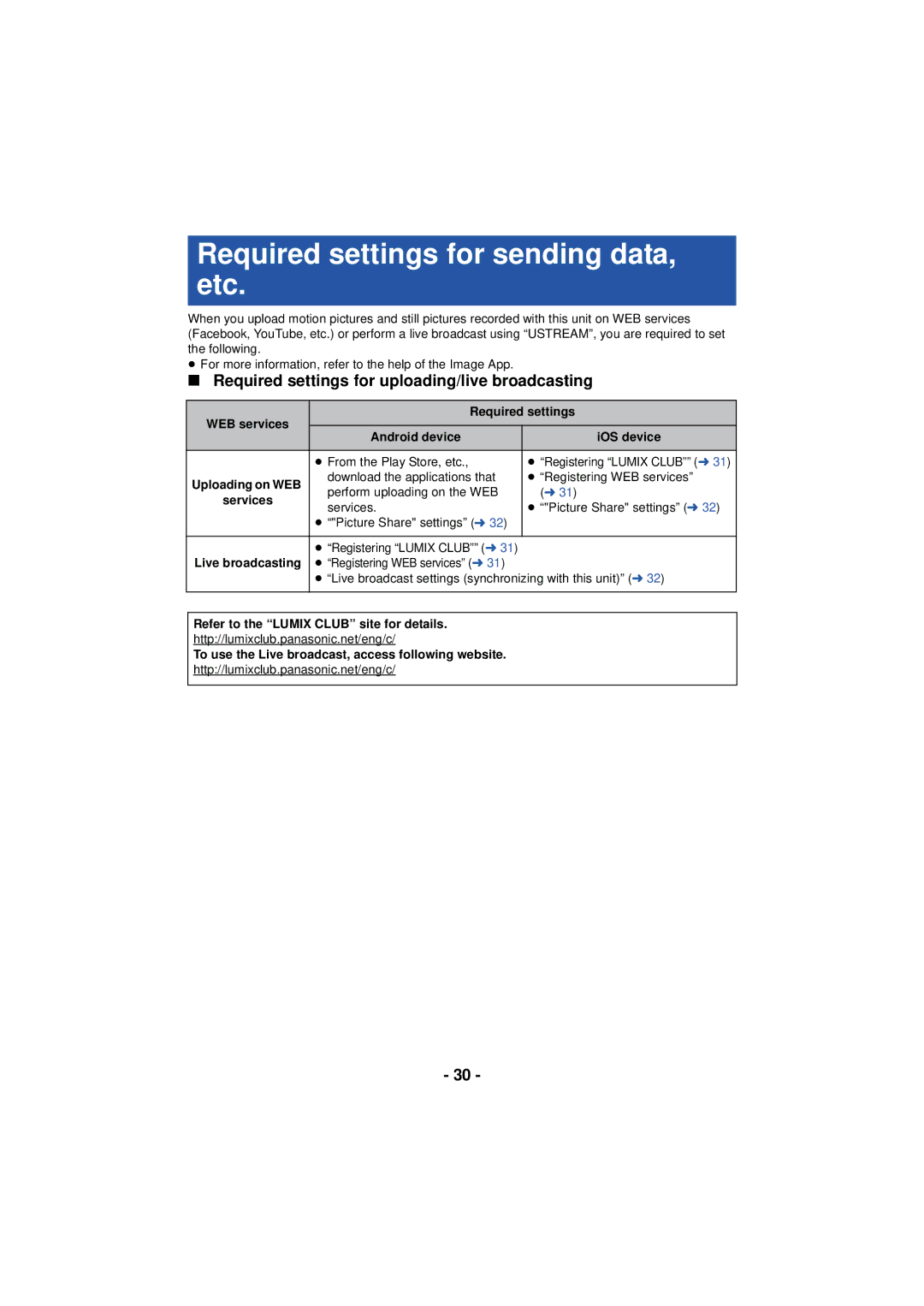 Panasonic HX-A100 owner manual Required settings for sending data, etc, Required settings for uploading/live broadcasting 