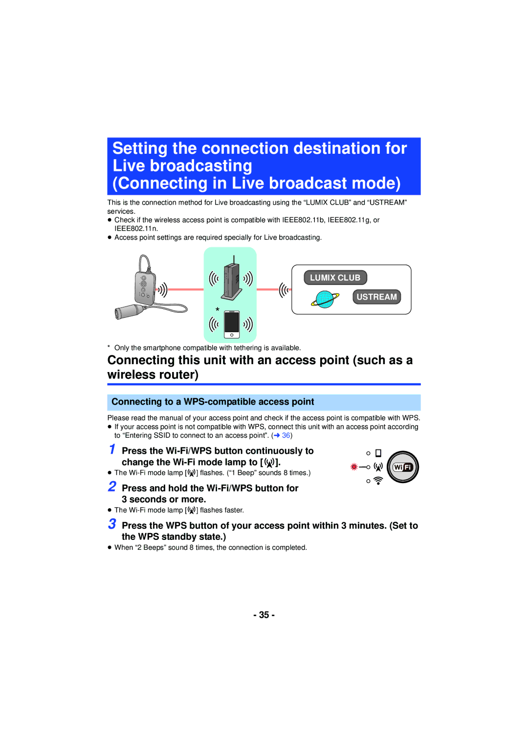 Panasonic HX-A100 Connecting to a WPS-compatible access point, Press and hold the Wi-Fi/WPS button for 3 seconds or more 