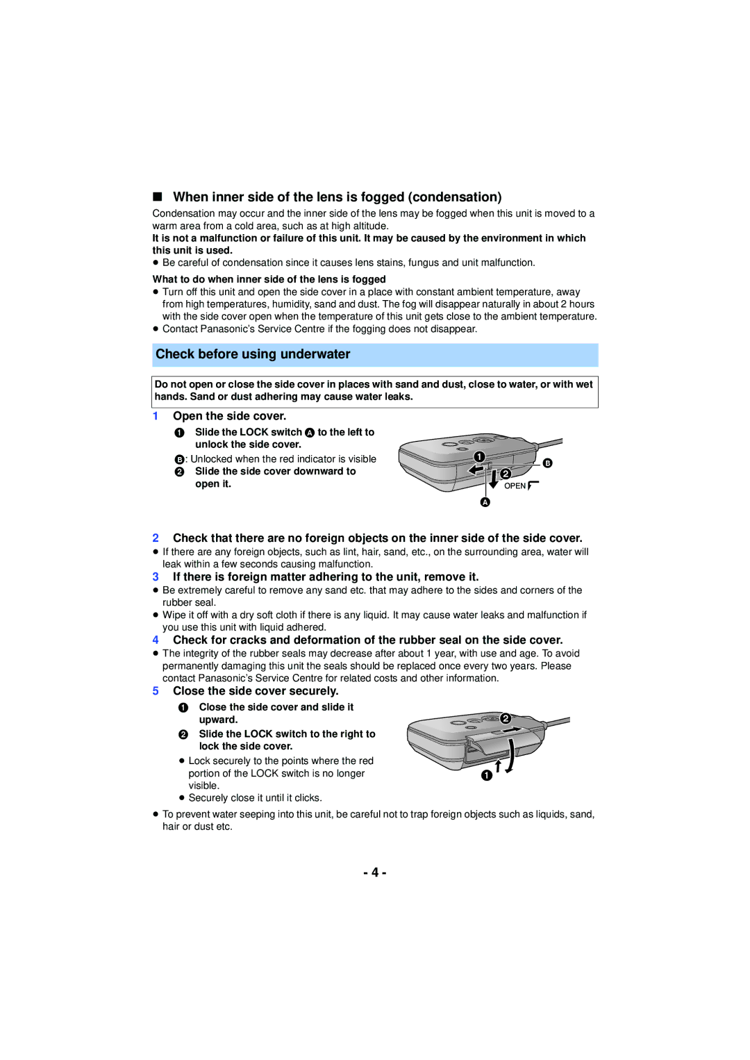 Panasonic HX-A100 owner manual When inner side of the lens is fogged condensation, Check before using underwater 