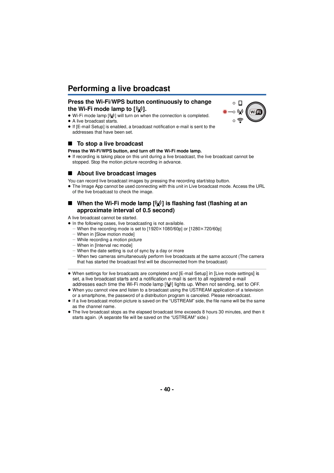 Panasonic HX-A100 owner manual Performing a live broadcast, To stop a live broadcast, About live broadcast images 