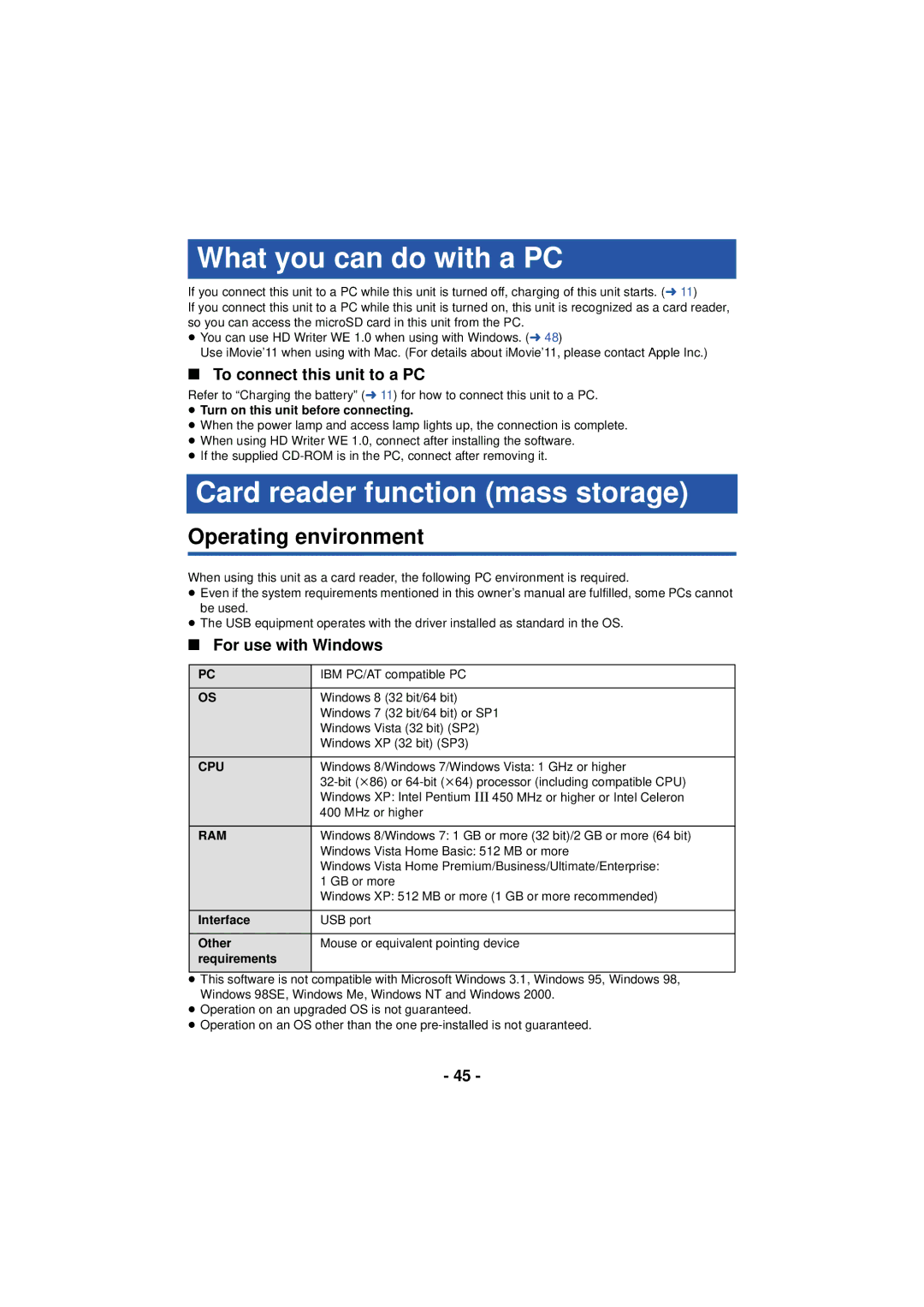 Panasonic HX-A100 owner manual What you can do with a PC, Card reader function mass storage, Operating environment 