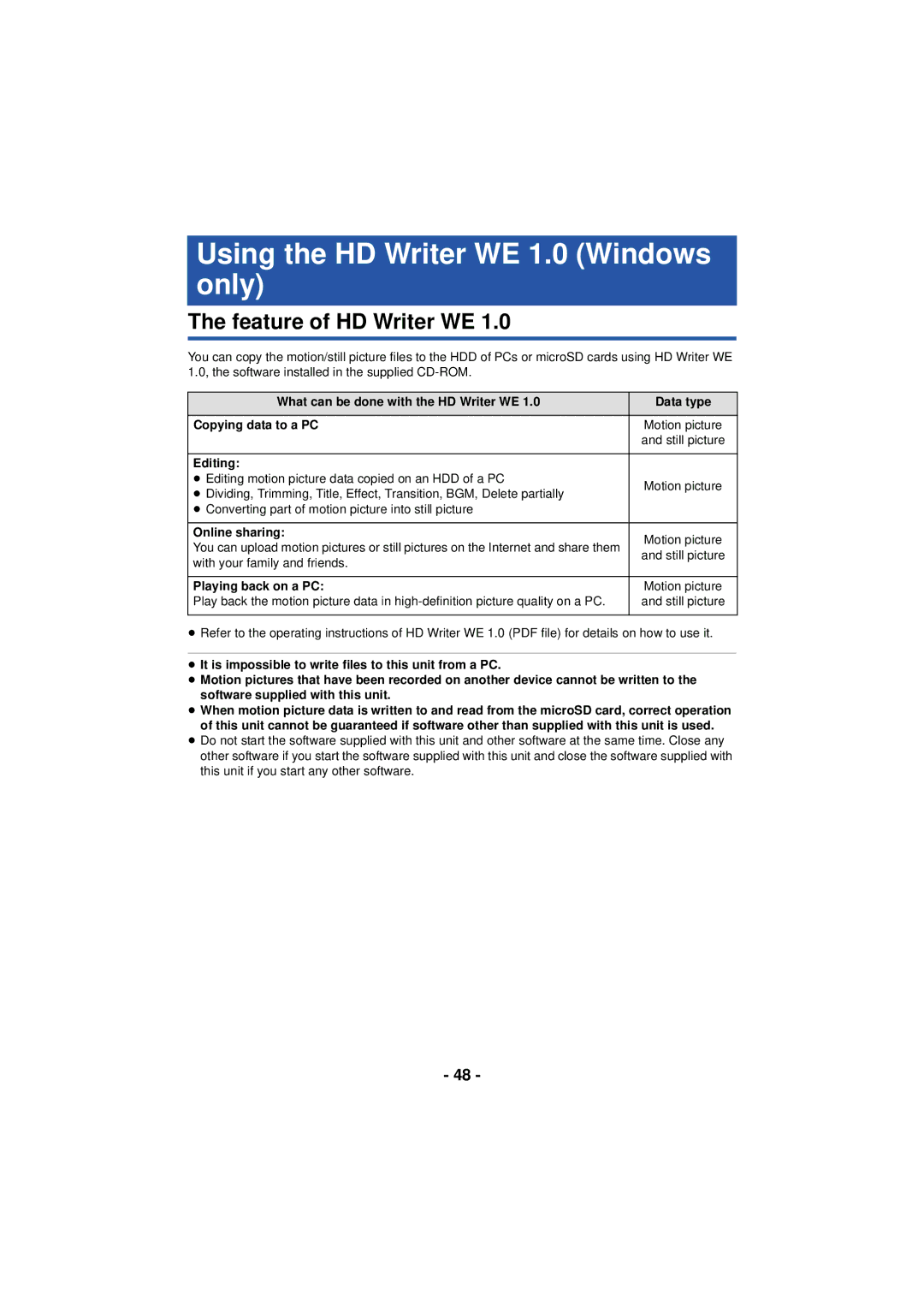 Panasonic HX-A100 owner manual Using the HD Writer WE 1.0 Windows only, Feature of HD Writer WE, Editing, Online sharing 