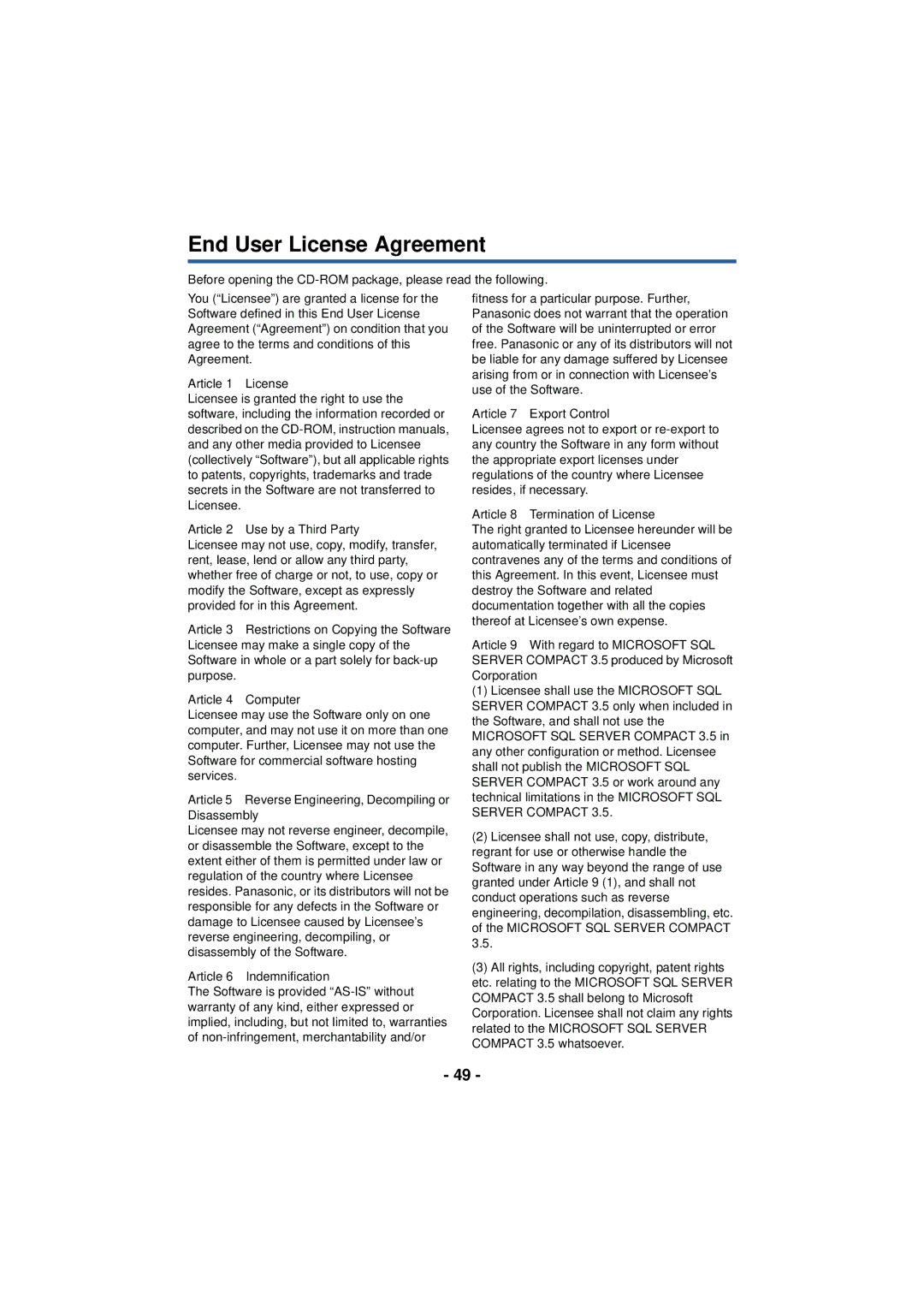 Panasonic HX-A100 owner manual End User License Agreement, Article 6 Indemnification 