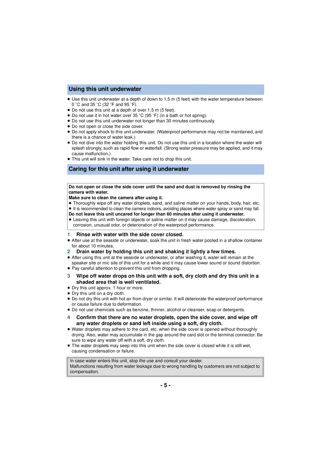 Panasonic HX-A100 owner manual Using this unit underwater, Caring for this unit after using it underwater 