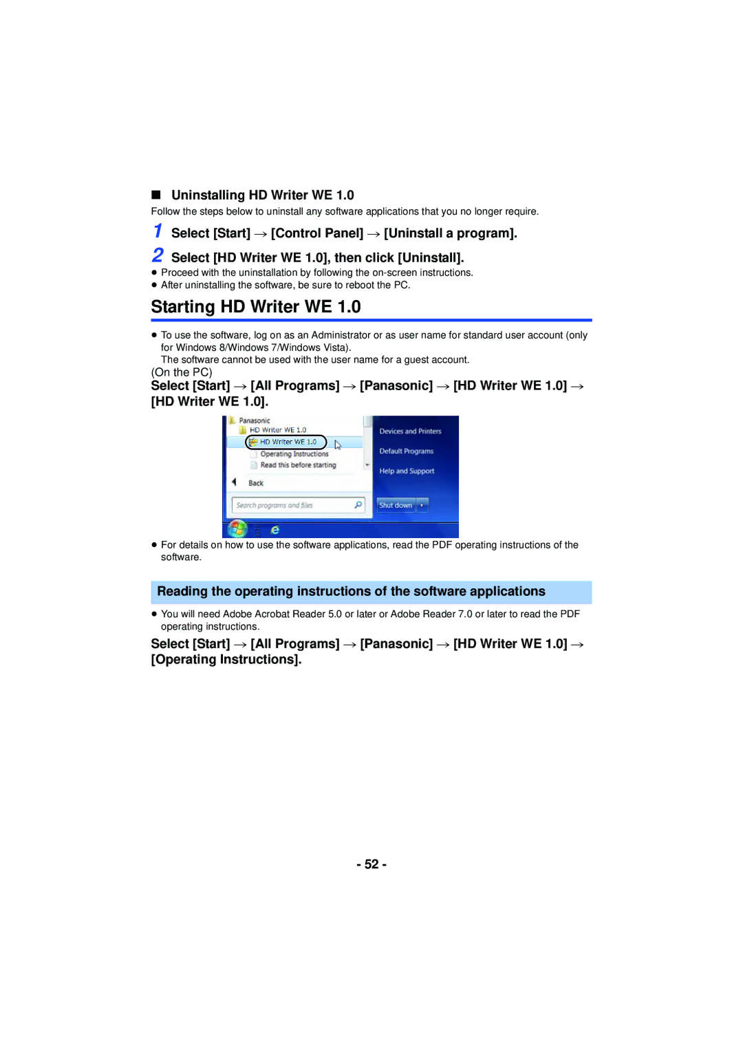 Panasonic HX-A100 Starting HD Writer WE, Uninstalling HD Writer WE, Select Start # Control Panel # Uninstall a program 