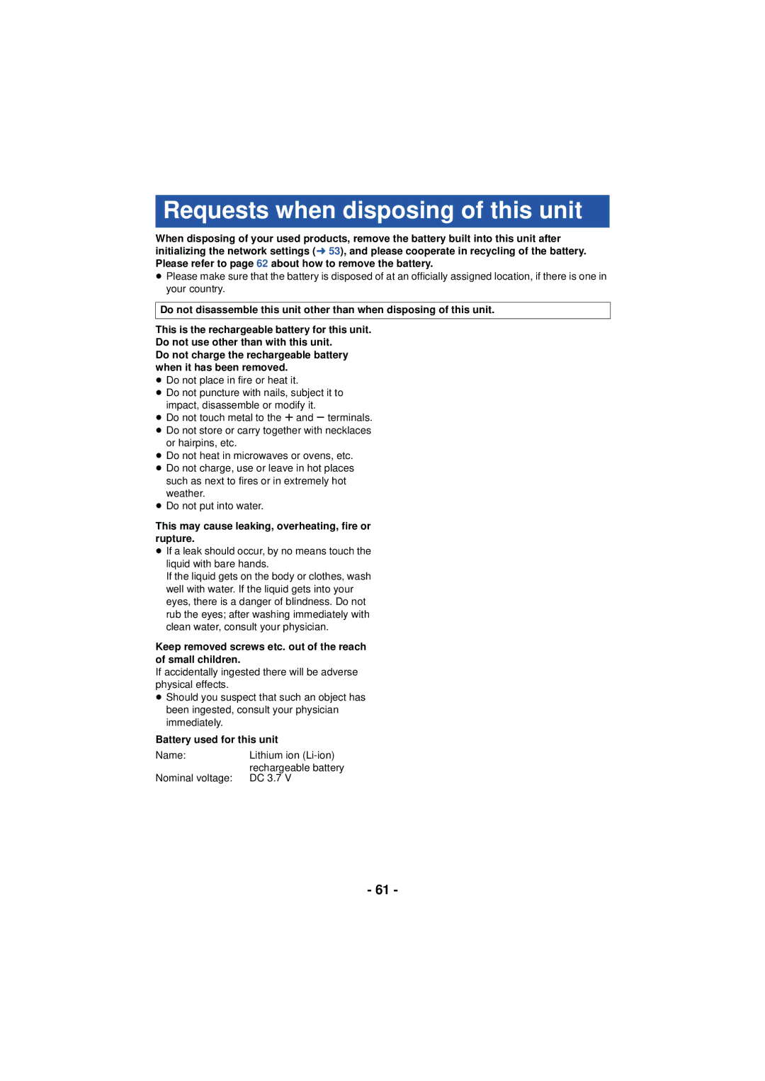 Panasonic HX-A100 owner manual Requests when disposing of this unit, This may cause leaking, overheating, fire or rupture 