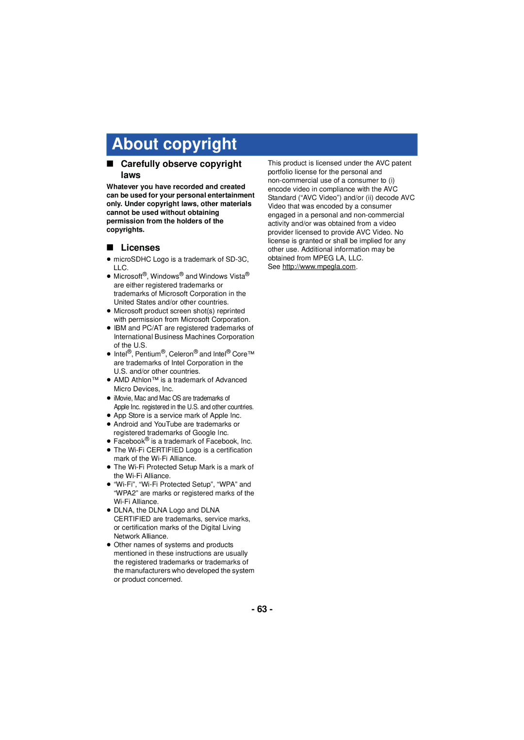 Panasonic HX-A100 owner manual About copyright, Carefully observe copyright Laws, Licenses 