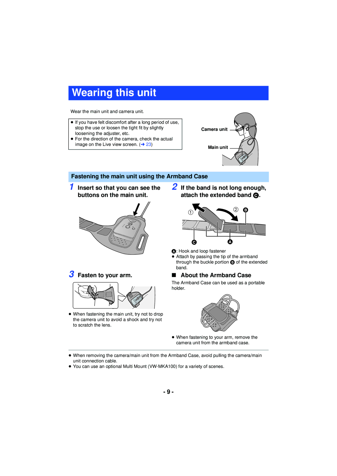 Panasonic HX-A100 owner manual Wearing this unit, Fasten to your arm, About the Armband Case, Camera unit Main unit, Band 