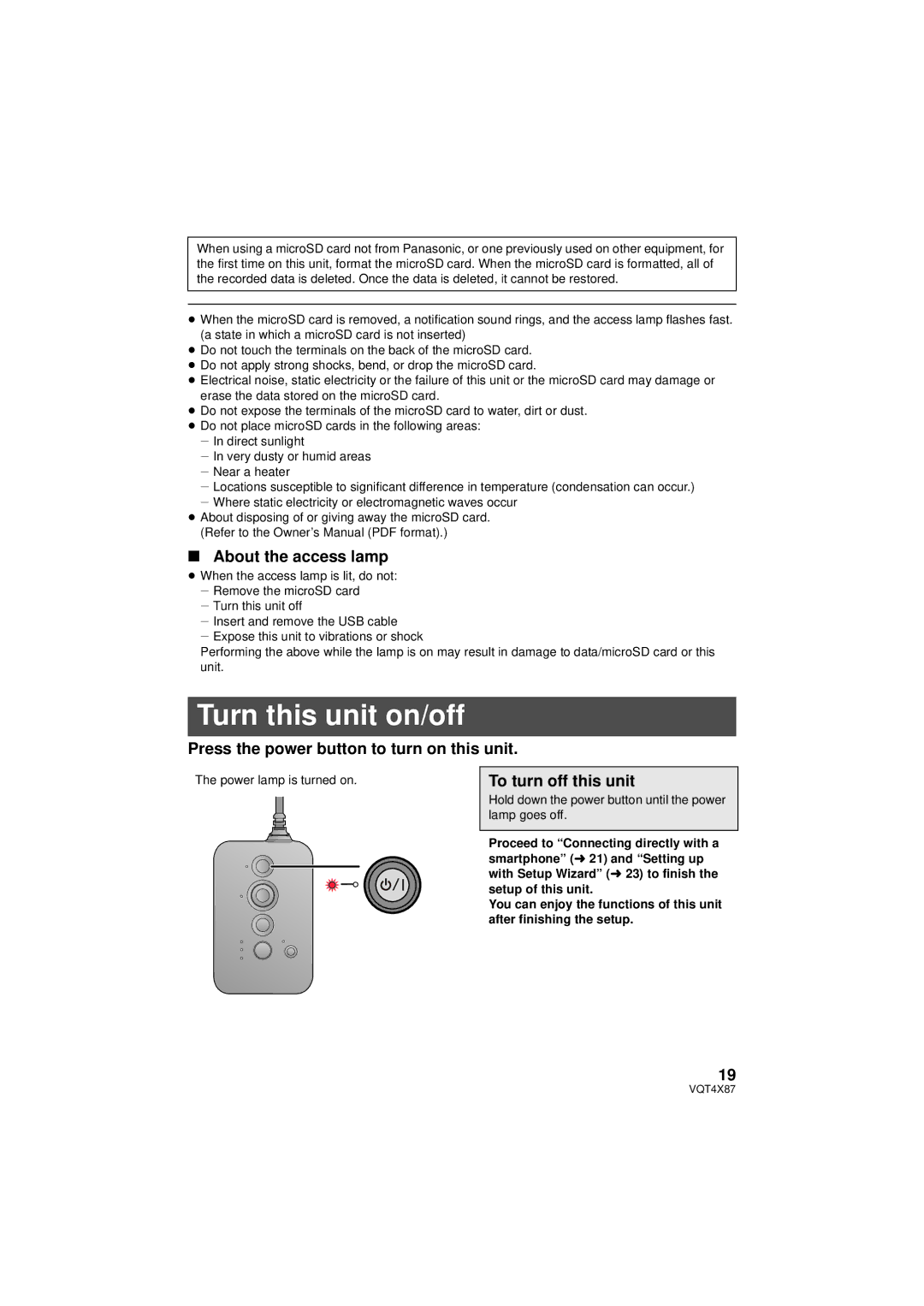 Panasonic HXA100D, HX-A100K Turn this unit on/off, About the access lamp, Press the power button to turn on this unit 