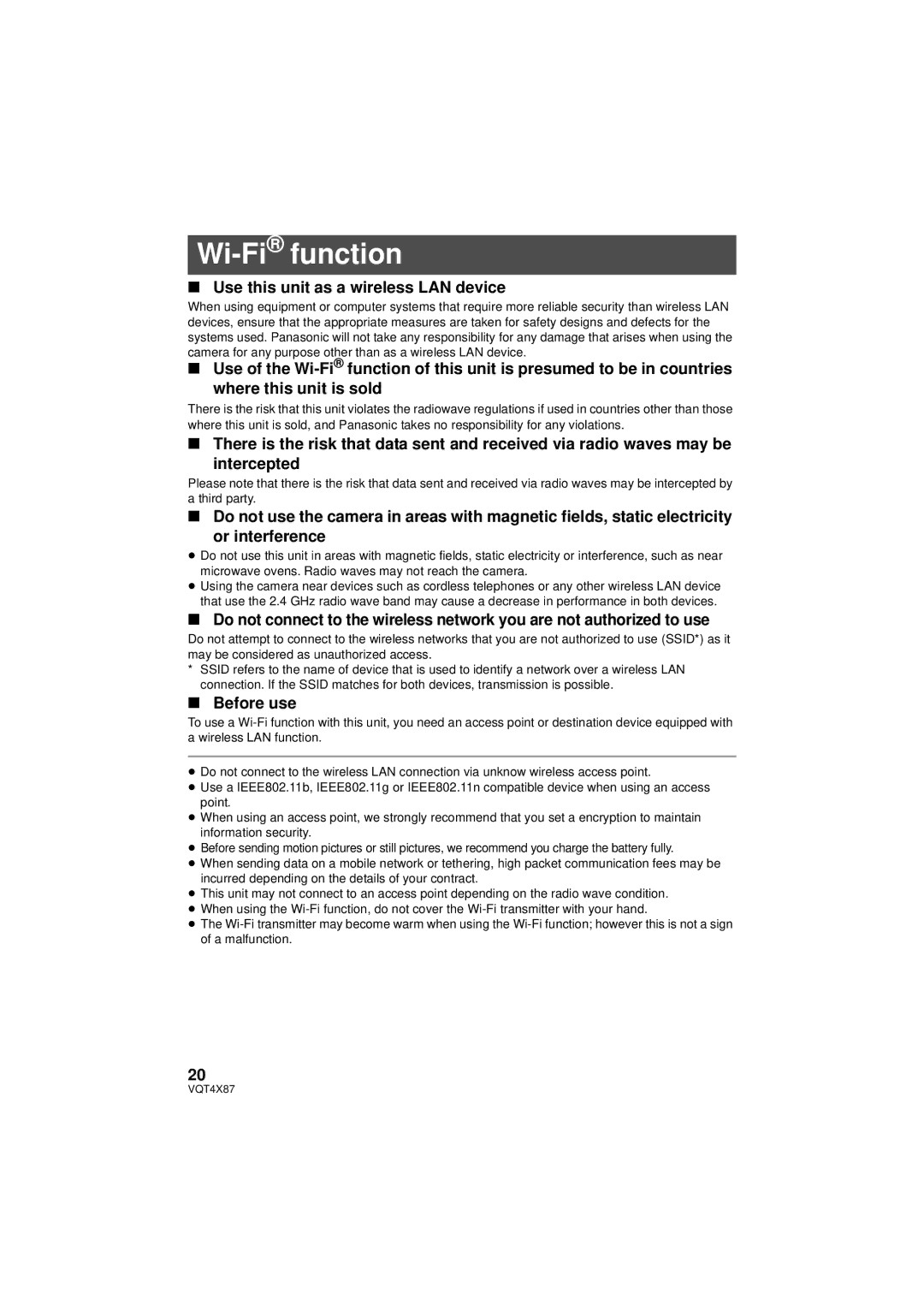 Panasonic HXA100K, HX-A100K, HXA100D owner manual Wi-Fifunction, Use this unit as a wireless LAN device, Before use 