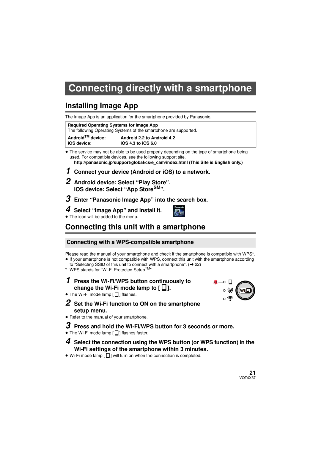 Panasonic HX-A100K Connecting with a WPS-compatible smartphone, Press and hold the Wi-Fi/WPS button for 3 seconds or more 