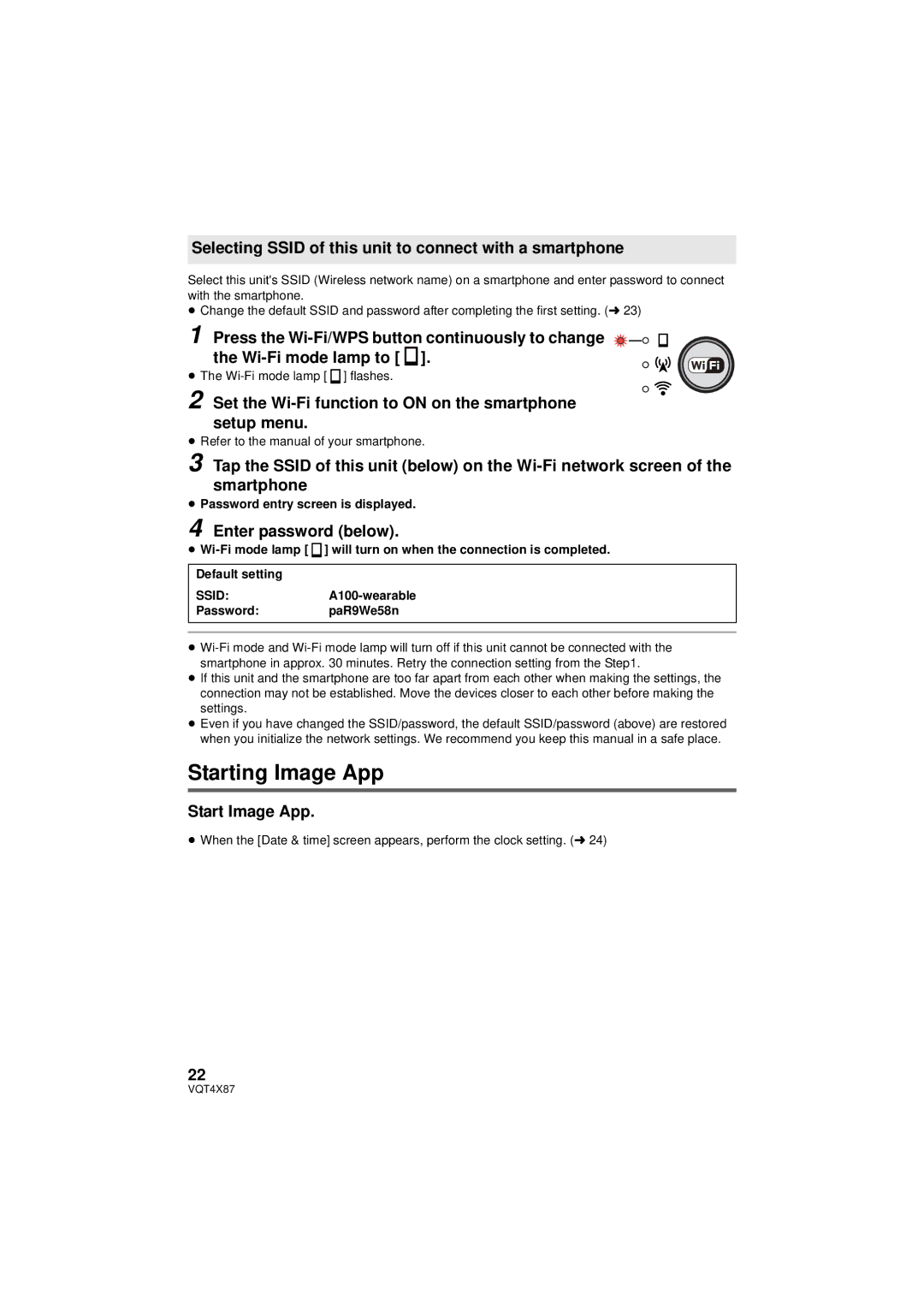 Panasonic HXA100D, HXA100K Selecting Ssid of this unit to connect with a smartphone, Enter password below, Start Image App 