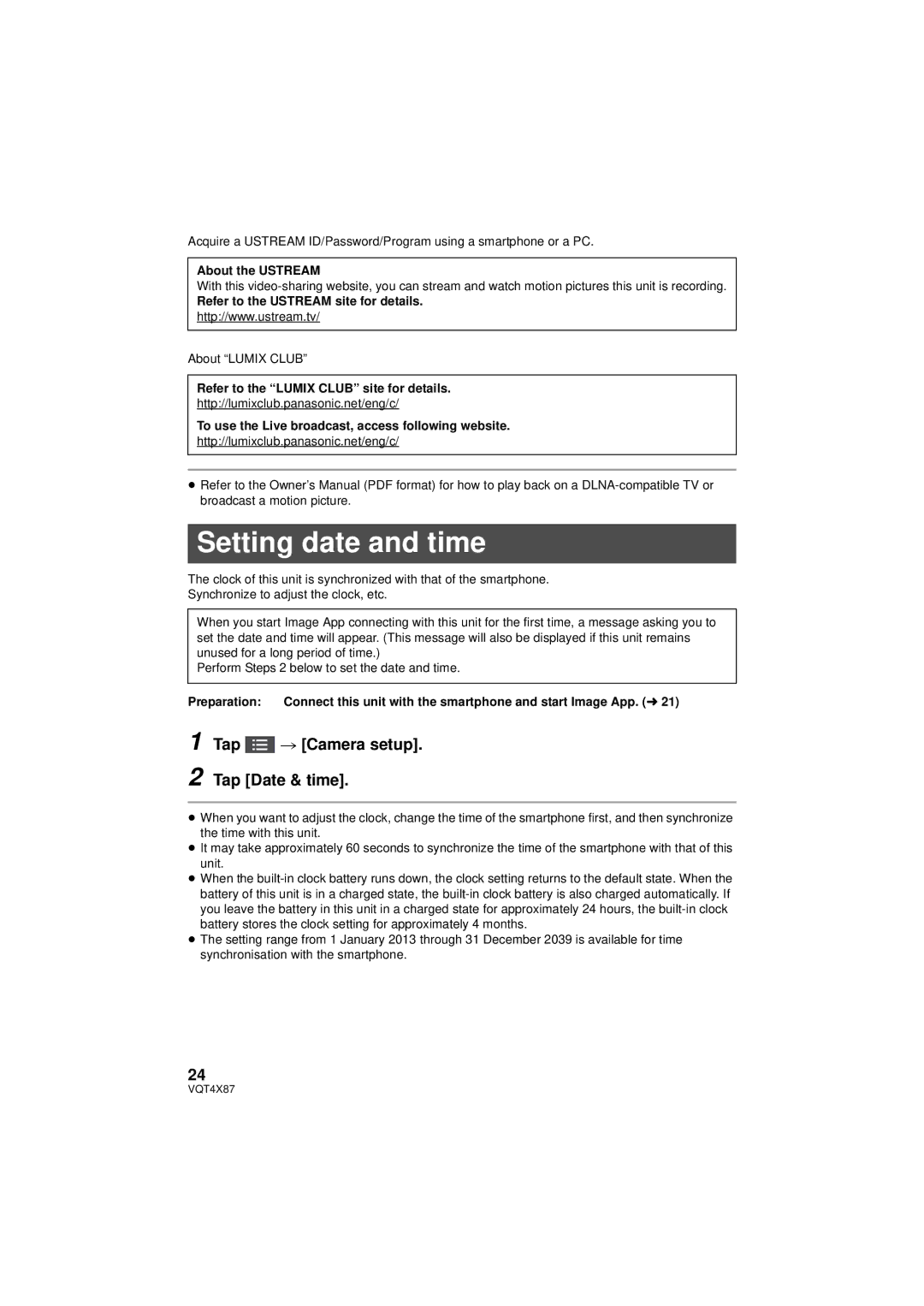 Panasonic HX-A100K, HXA100D, HXA100K owner manual Setting date and time, Tap # Camera setup Tap Date & time 