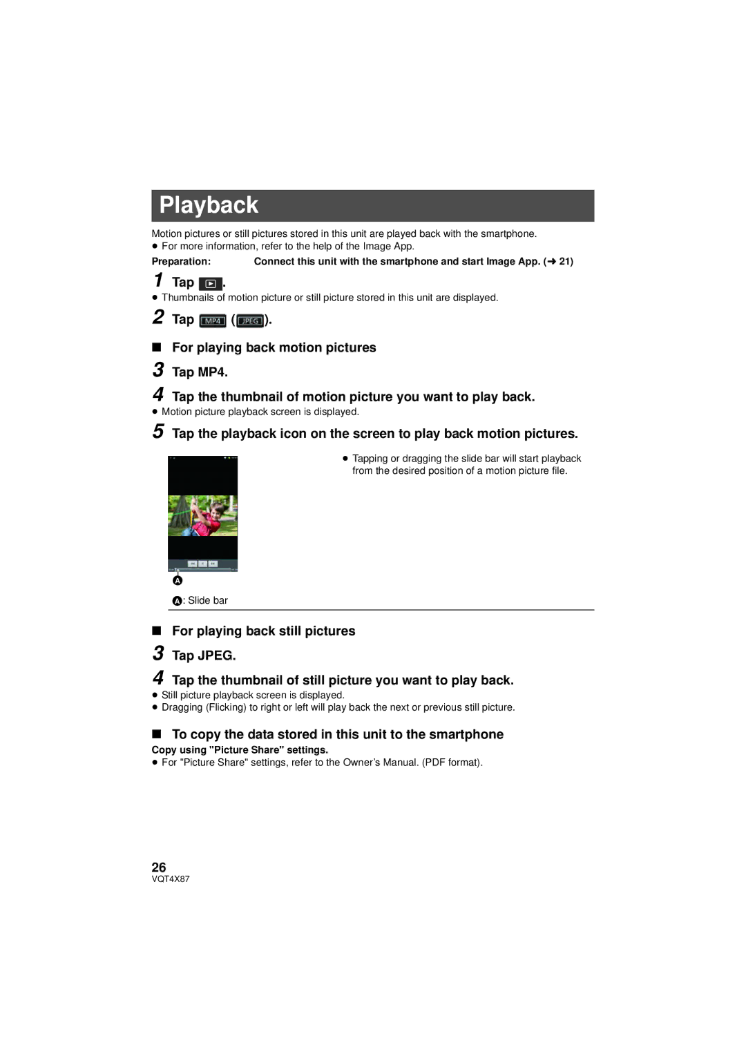 Panasonic HXA100K Playback, To copy the data stored in this unit to the smartphone, Copy using Picture Share settings 