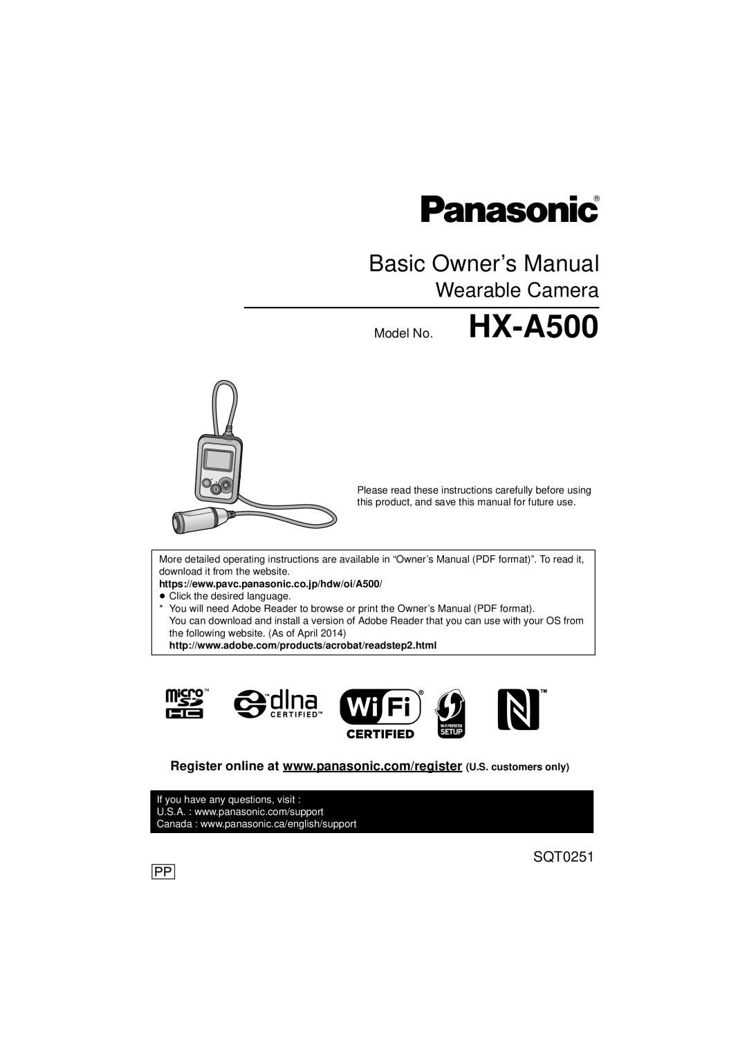 Panasonic HX-A500 owner manual Wearable Camera, Https//eww.pavc.panasonic.co.jp/hdw/oi/A500 