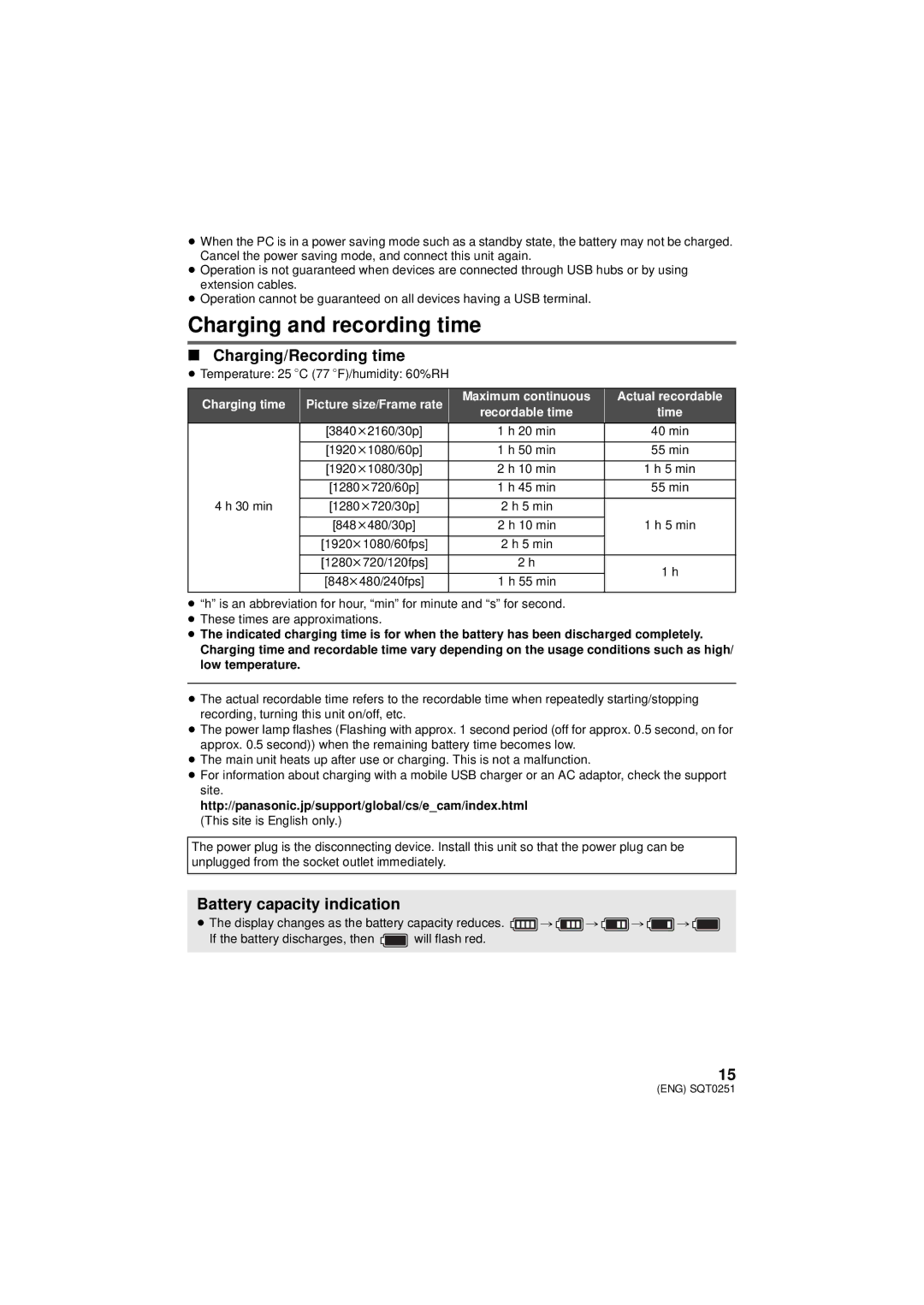 Panasonic HX-A500 owner manual Charging and recording time, Charging/Recording time, Battery capacity indication 