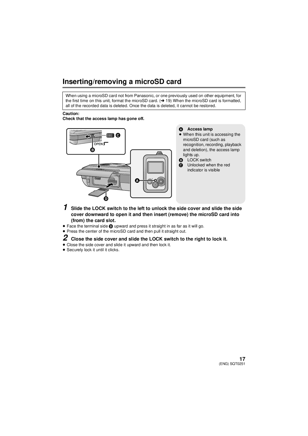 Panasonic HX-A500 owner manual Inserting/removing a microSD card, Check that the access lamp has gone off Access lamp 