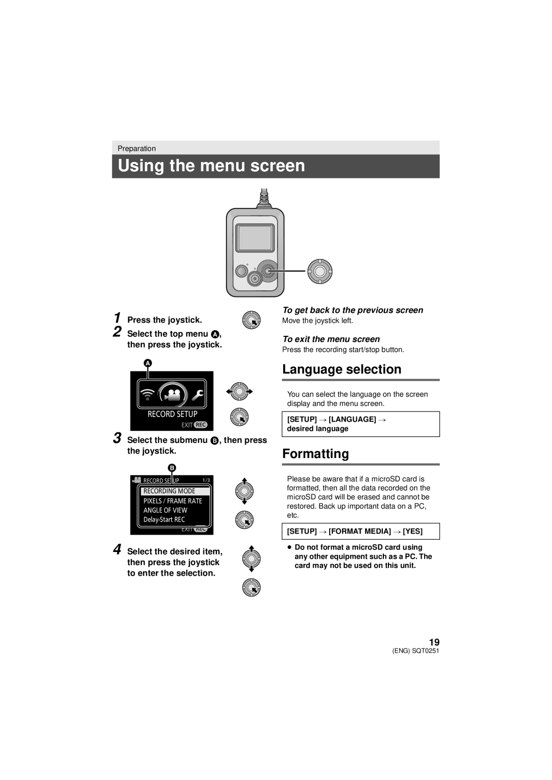 Panasonic HX-A500 owner manual Using the menu screen, Language selection, Formatting, Press the joystick 