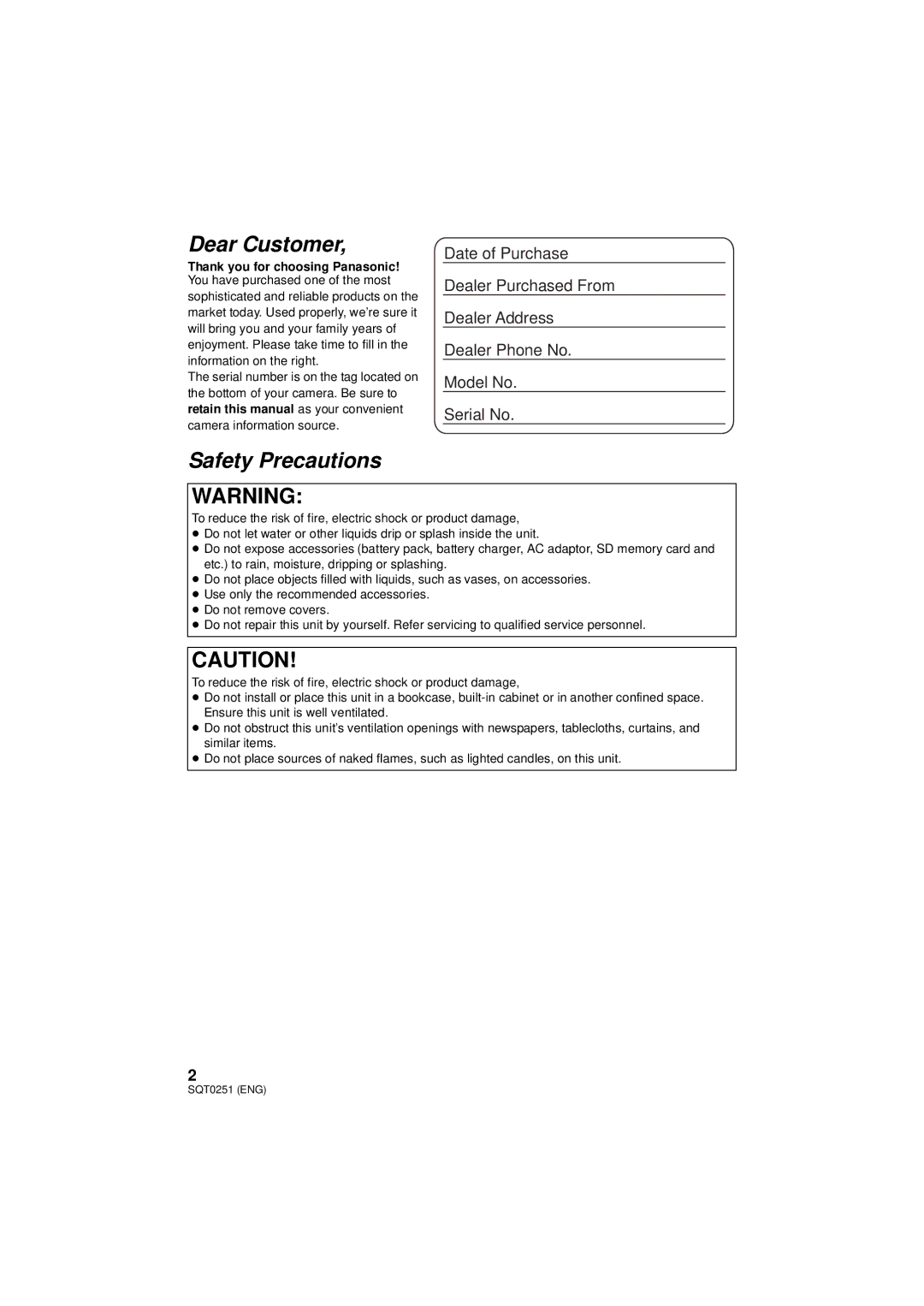 Panasonic HX-A500 owner manual Dear Customer 