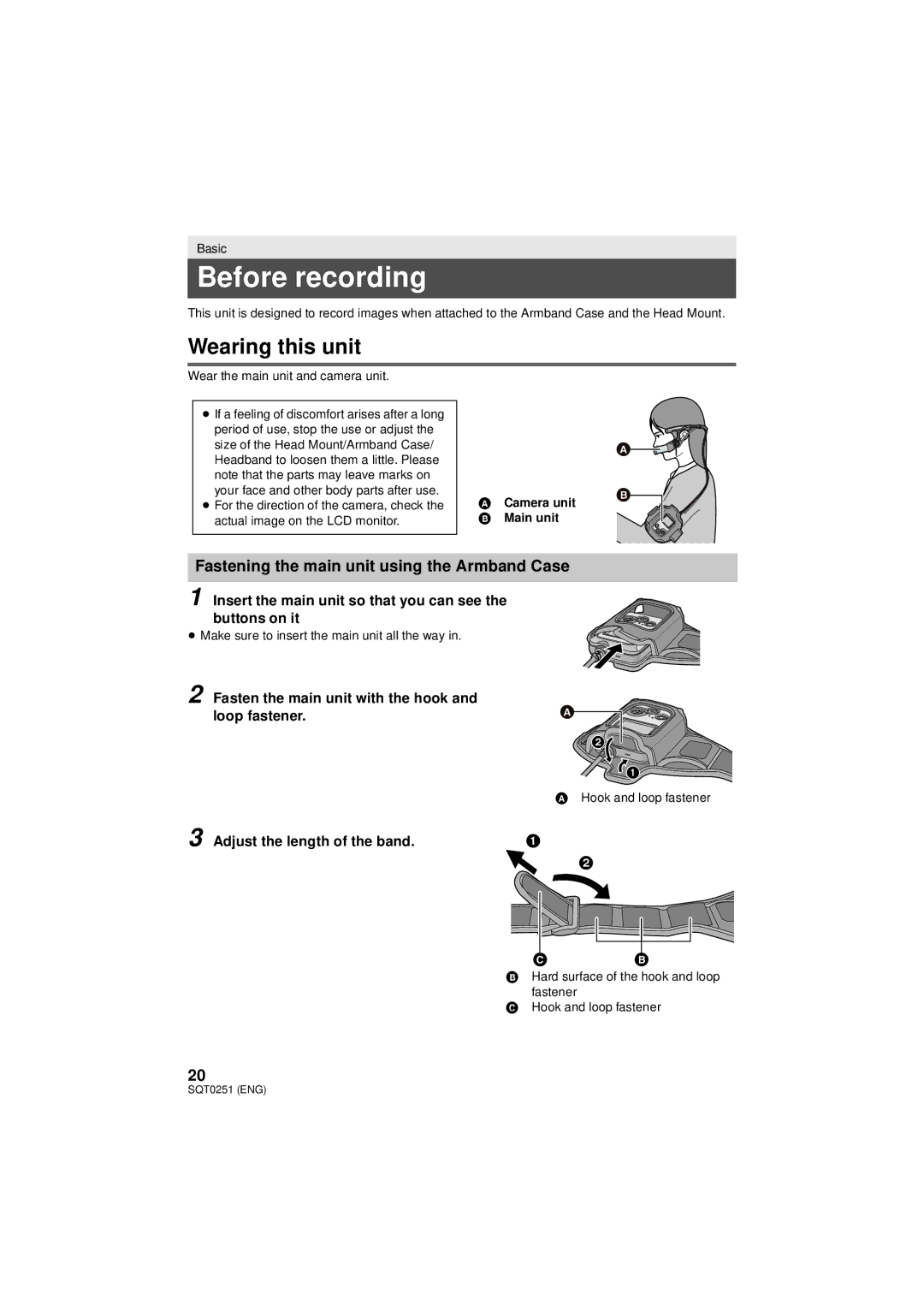 Panasonic HX-A500 owner manual Before recording, Wearing this unit, Fastening the main unit using the Armband Case 