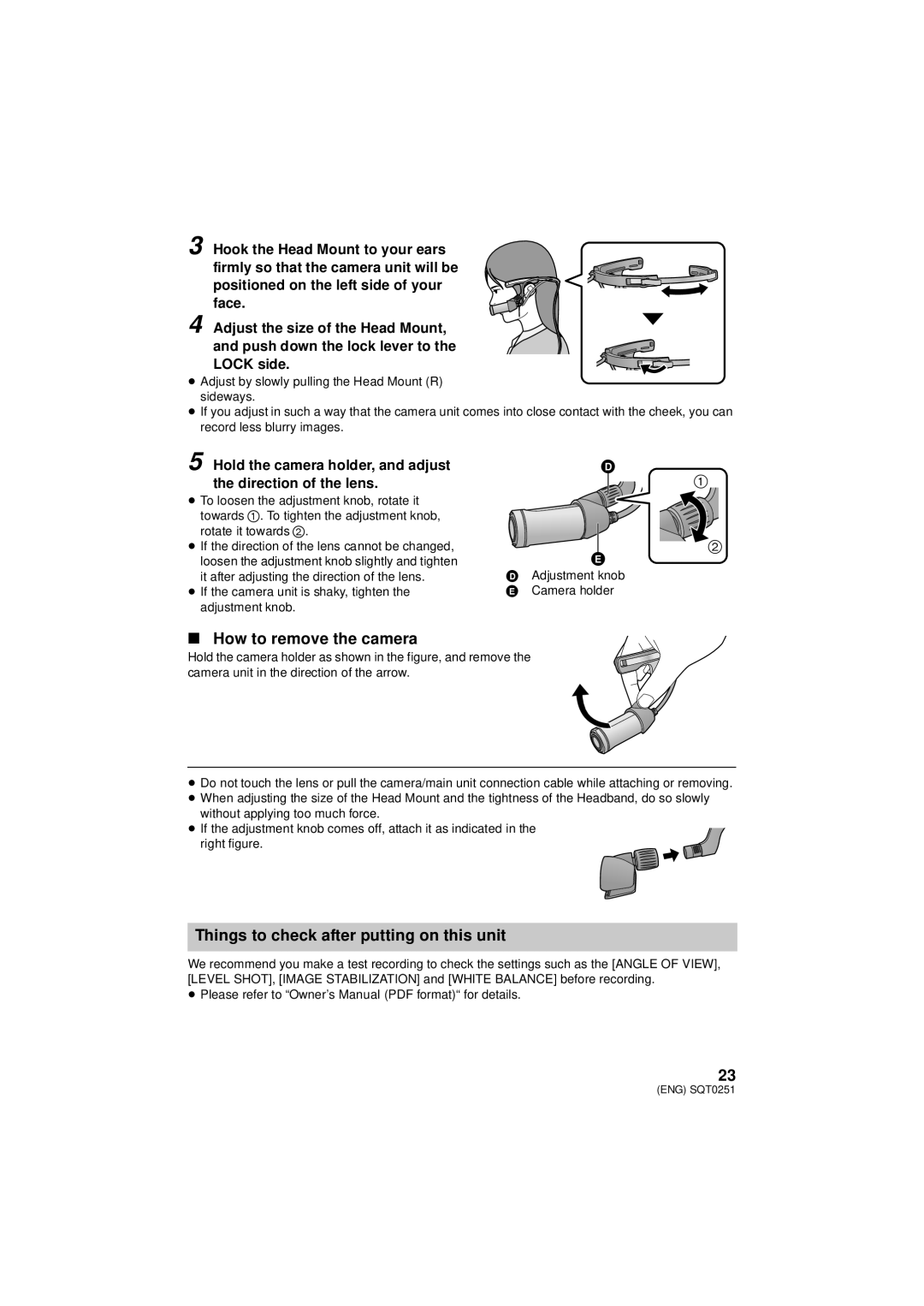 Panasonic HX-A500 owner manual How to remove the camera, Things to check after putting on this unit 