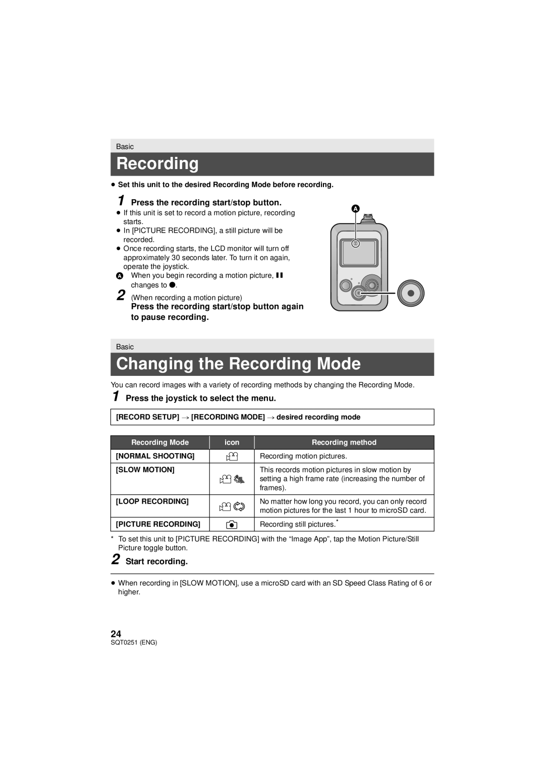 Panasonic HX-A500 owner manual Changing the Recording Mode, Press the recording start/stop button, Start recording 