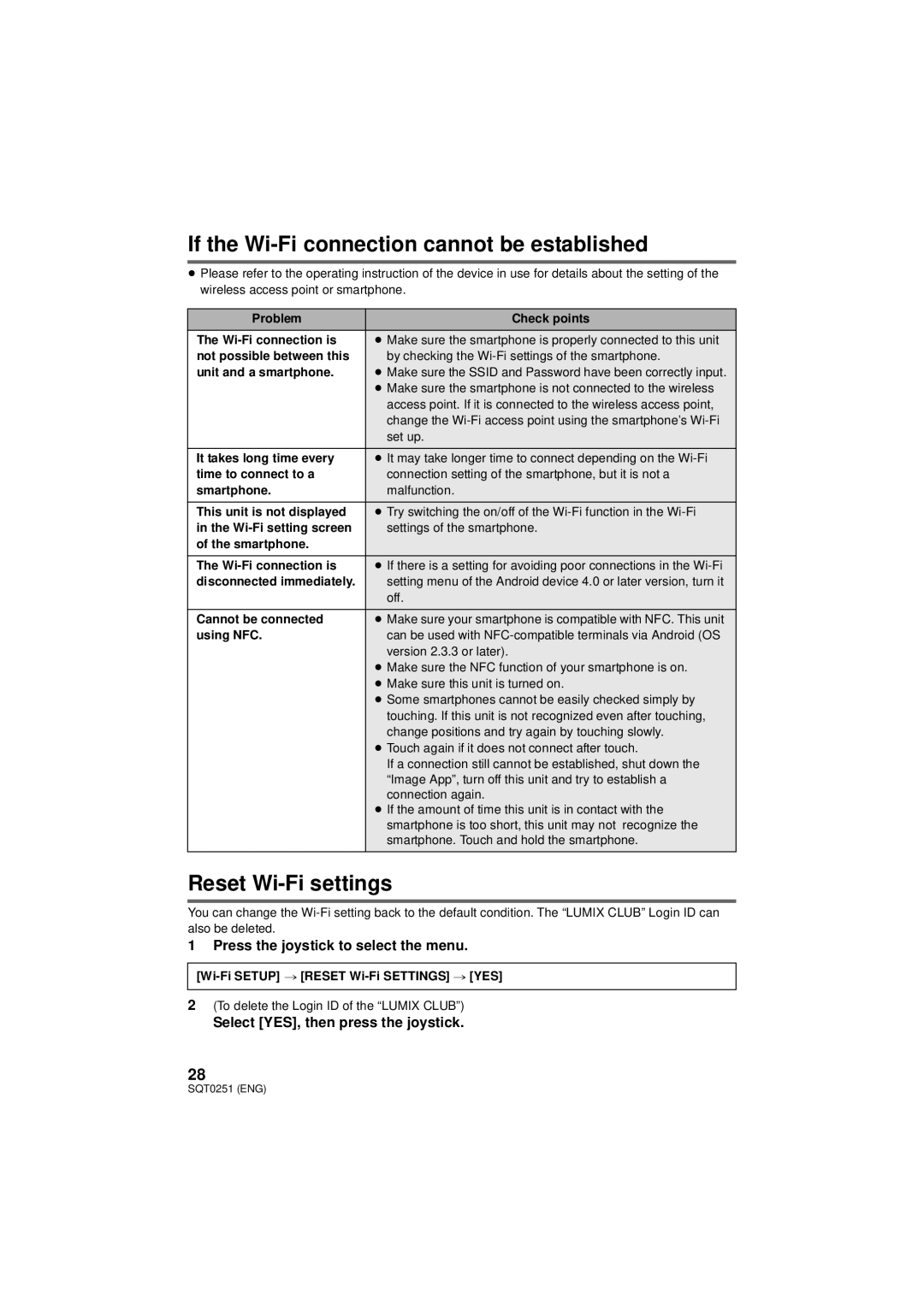 Panasonic HX-A500 If the Wi-Fi connection cannot be established, Reset Wi-Fi settings, Select YES, then press the joystick 