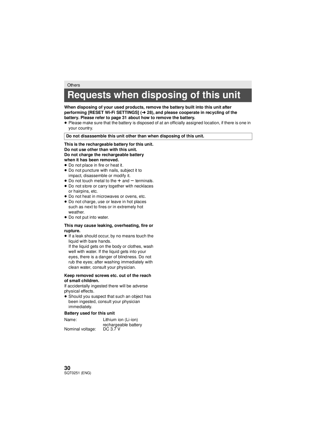 Panasonic HX-A500 owner manual Requests when disposing of this unit, This may cause leaking, overheating, fire or rupture 