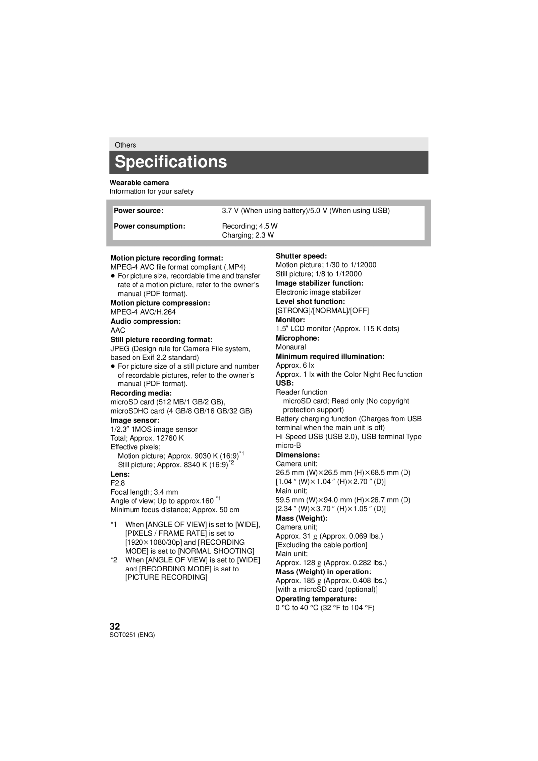 Panasonic HX-A500 owner manual Specifications 