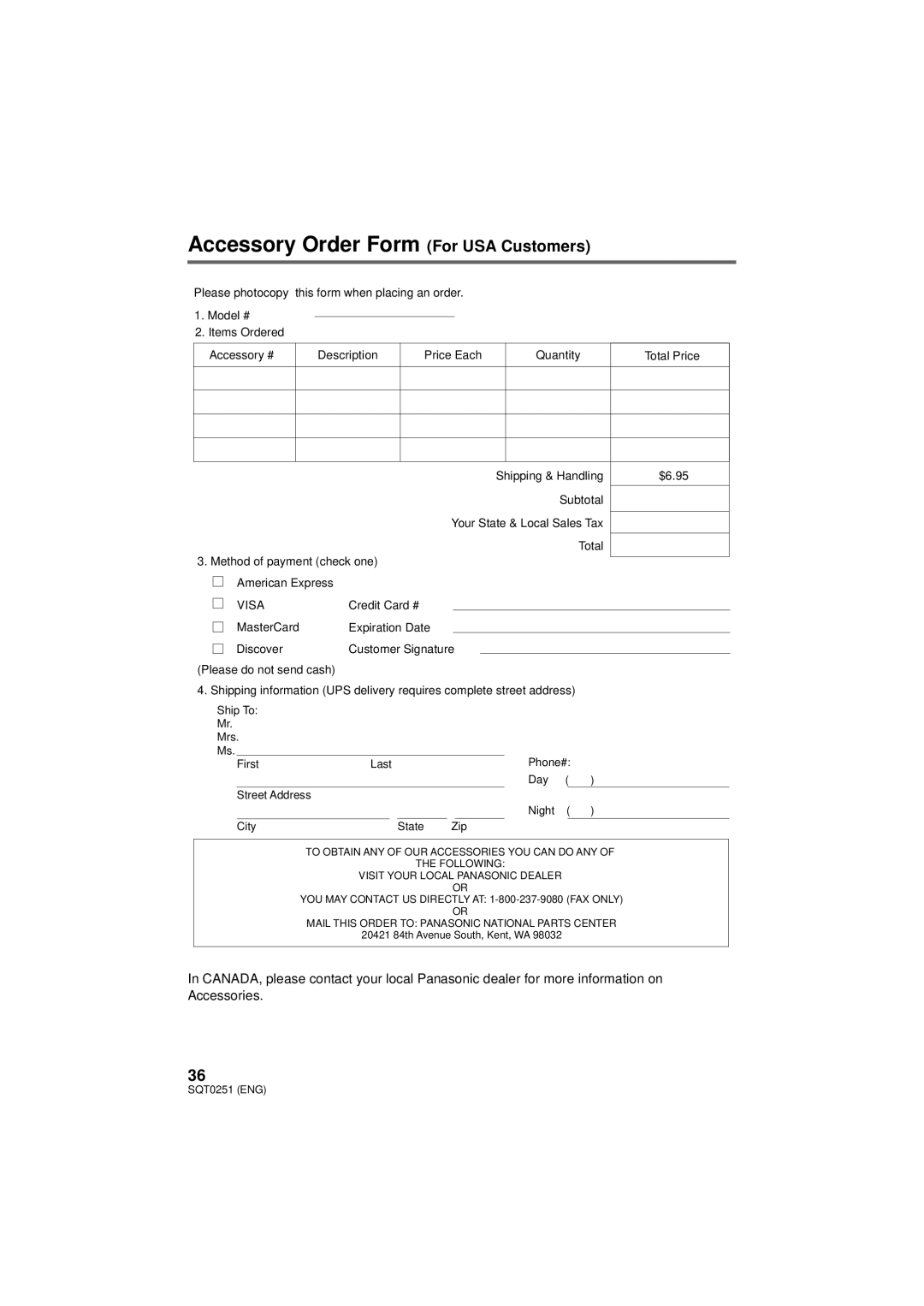 Panasonic HX-A500 owner manual Accessory Order Form For USA Customers, Visa 