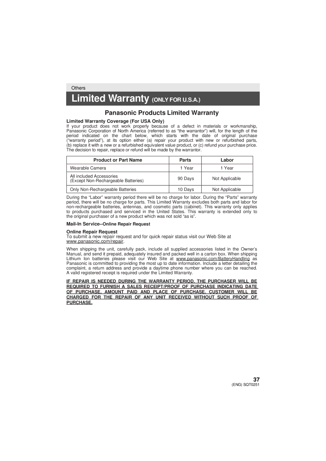 Panasonic HX-A500 owner manual Limited Warranty only for U.S.A, Panasonic Products Limited Warranty 