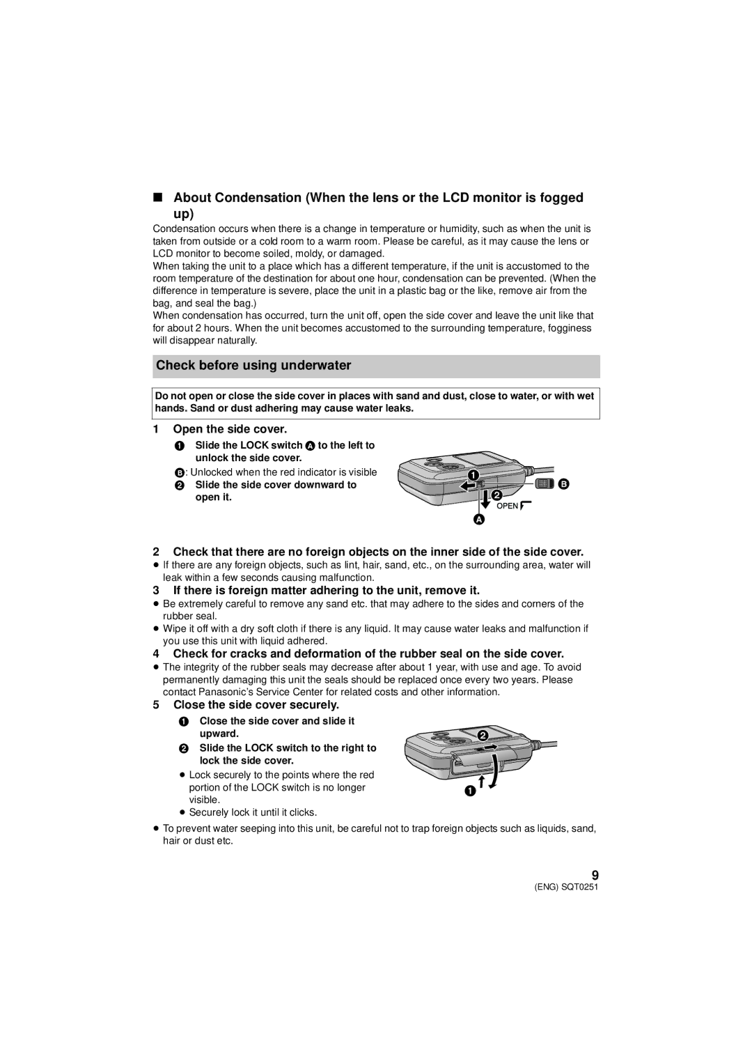 Panasonic HX-A500 owner manual Check before using underwater, Open the side cover, Close the side cover securely 