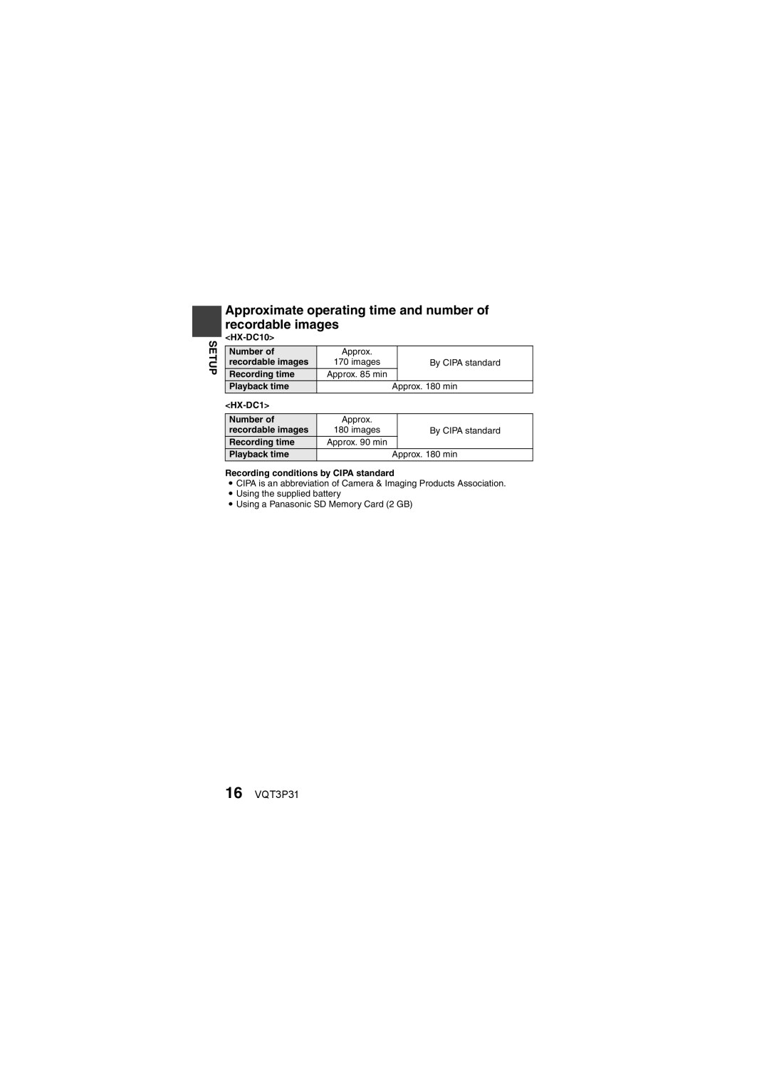 Panasonic HX-DC10 operating instructions Approximate operating time and number of recordable images, 16 VQT3P31 